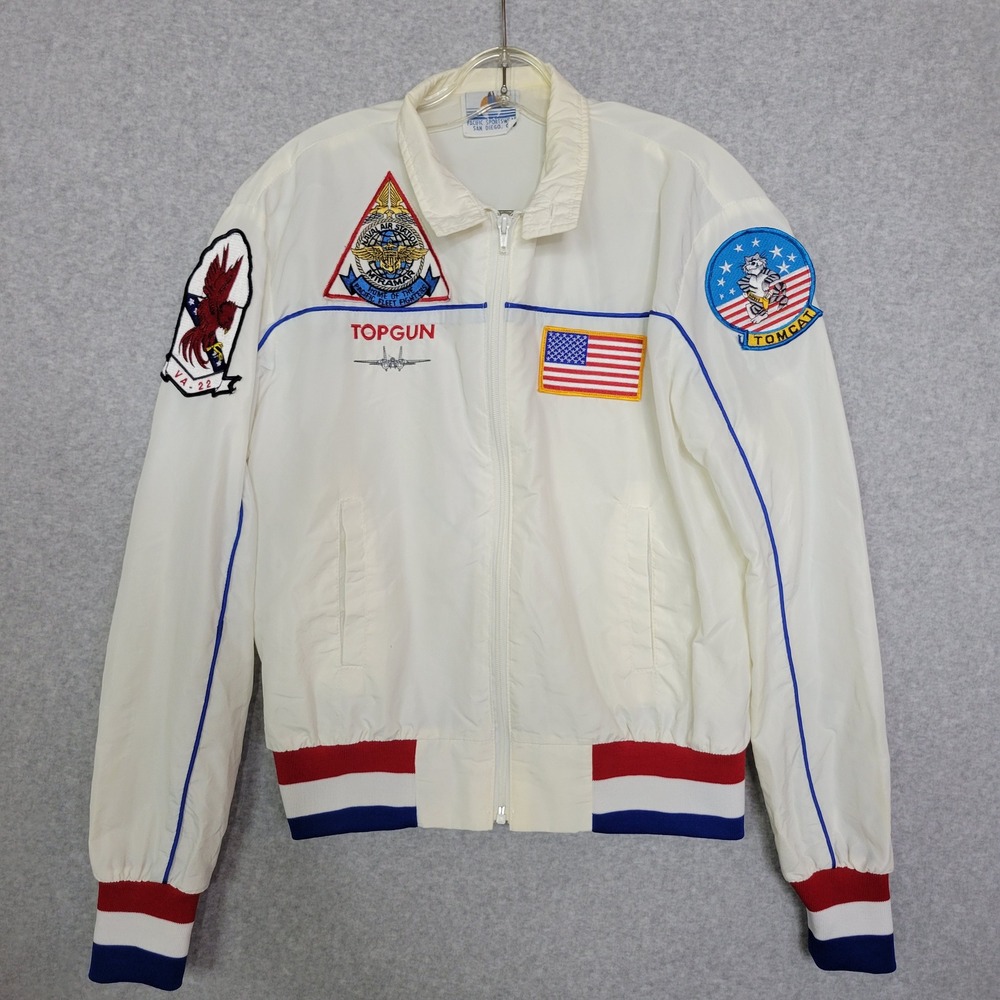 Vtg Pacific Sportswear Top Gun NAS Miramar Flight Bomber Jacket White Patches L